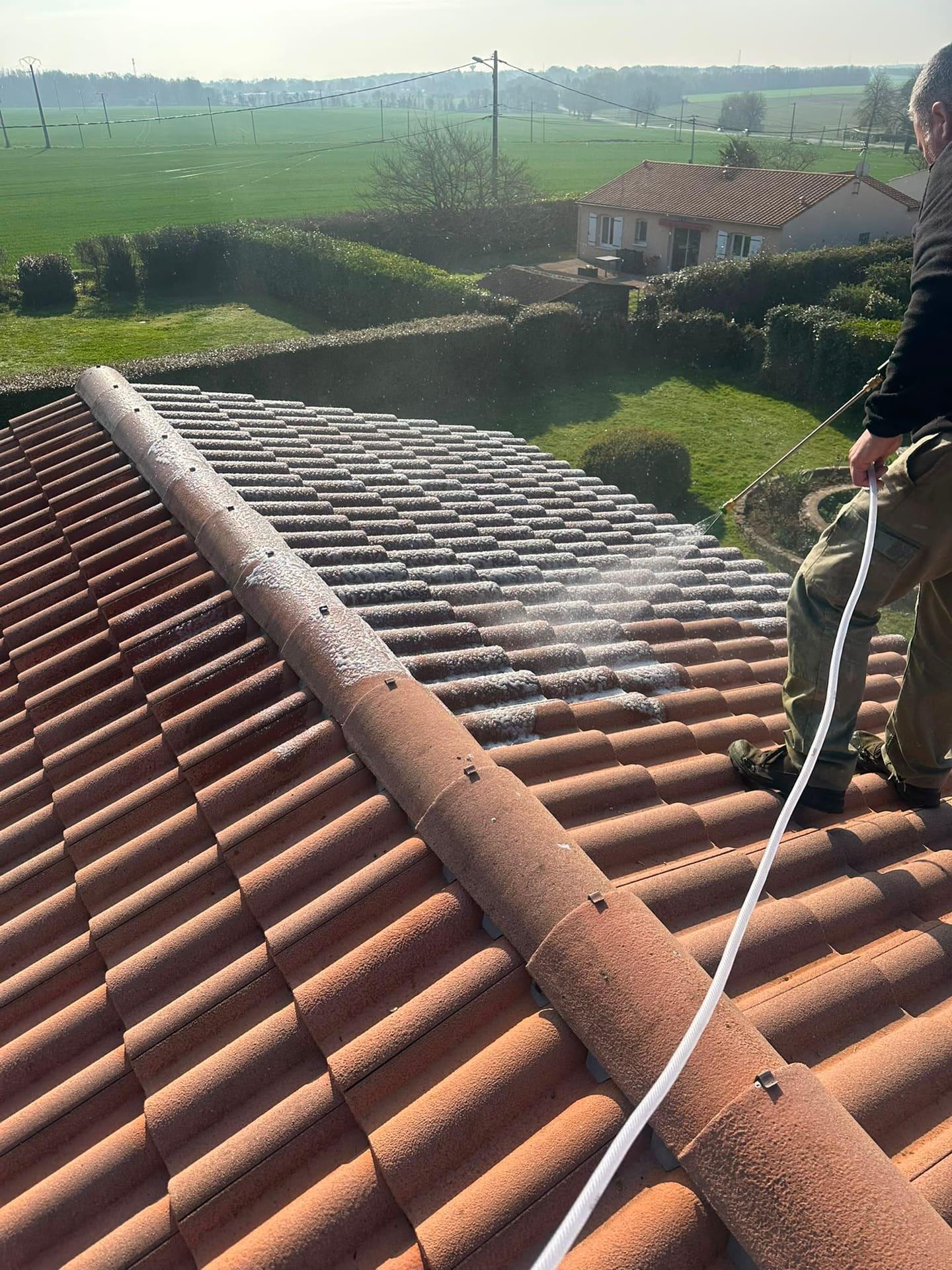 Artisan TEDJI traitant une toiture en tuile canal (tuile romane), campagne charentaise en arrière-plan